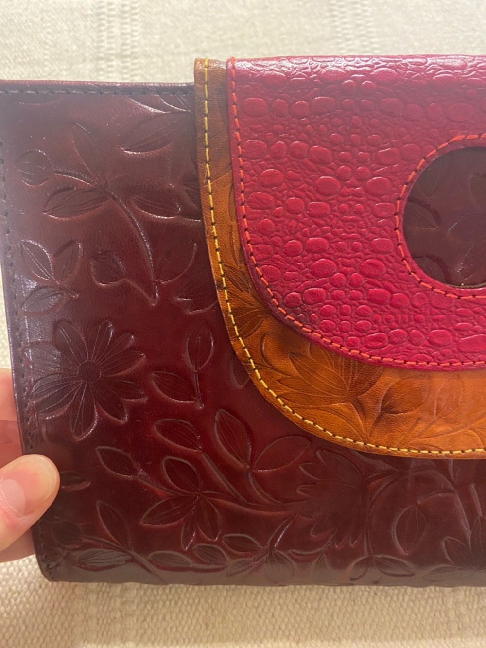 Sold Tooled Leather Clutch | Embossed Floral | Burgundy Multi | Genuine Leather - Picture 3 of 8